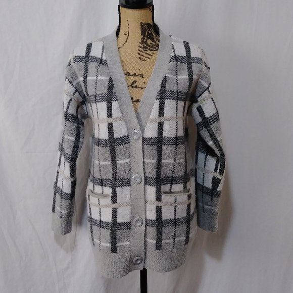 Cyrus Sweaters - Cyrus Plaid Button Down Cardigan Sweater Grey White Charcoal Tan Small